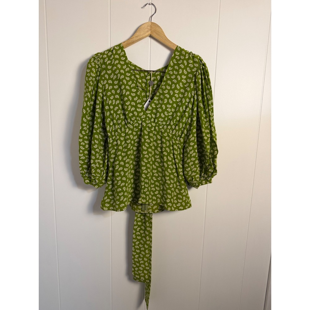 Attic and Barn Kimera Blouse 42 S Green Paisley Silk Blend Puff Sleeve Tie Back